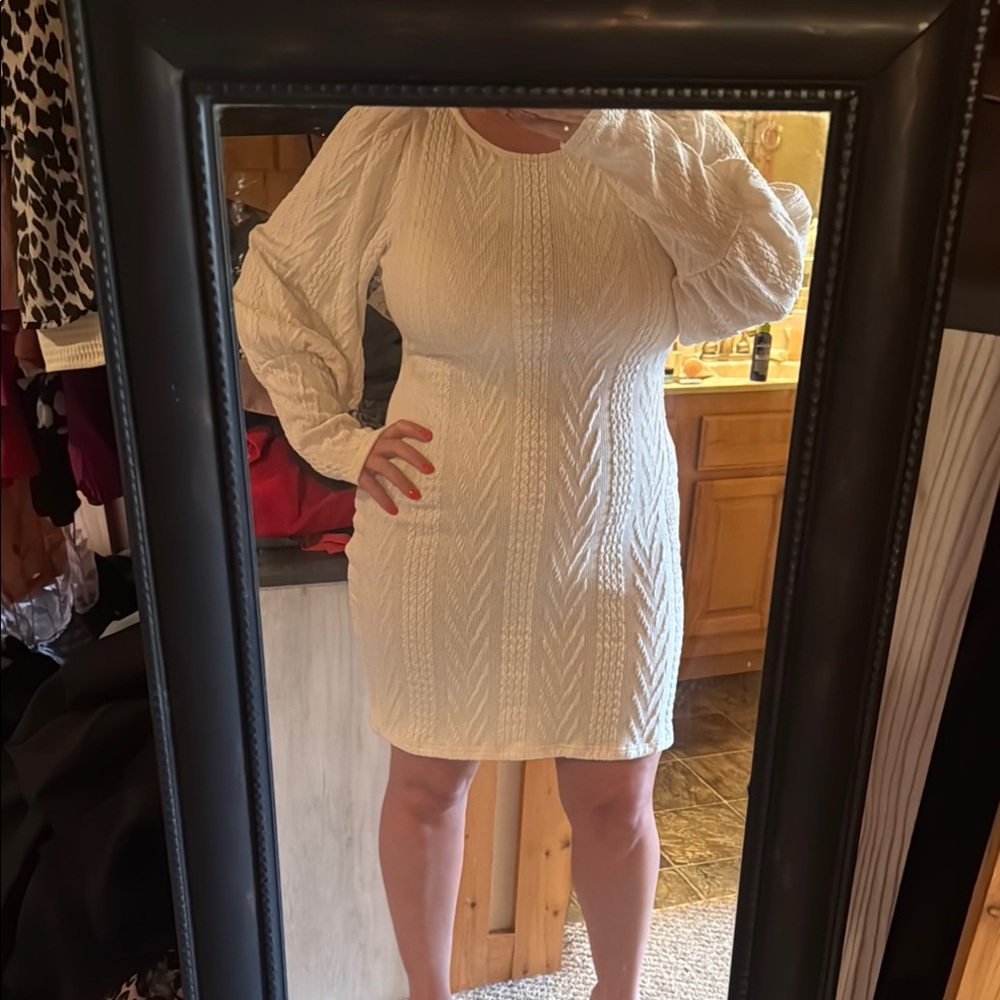 Pink Lily Cream Bishop Sleeve Sweater Dress
